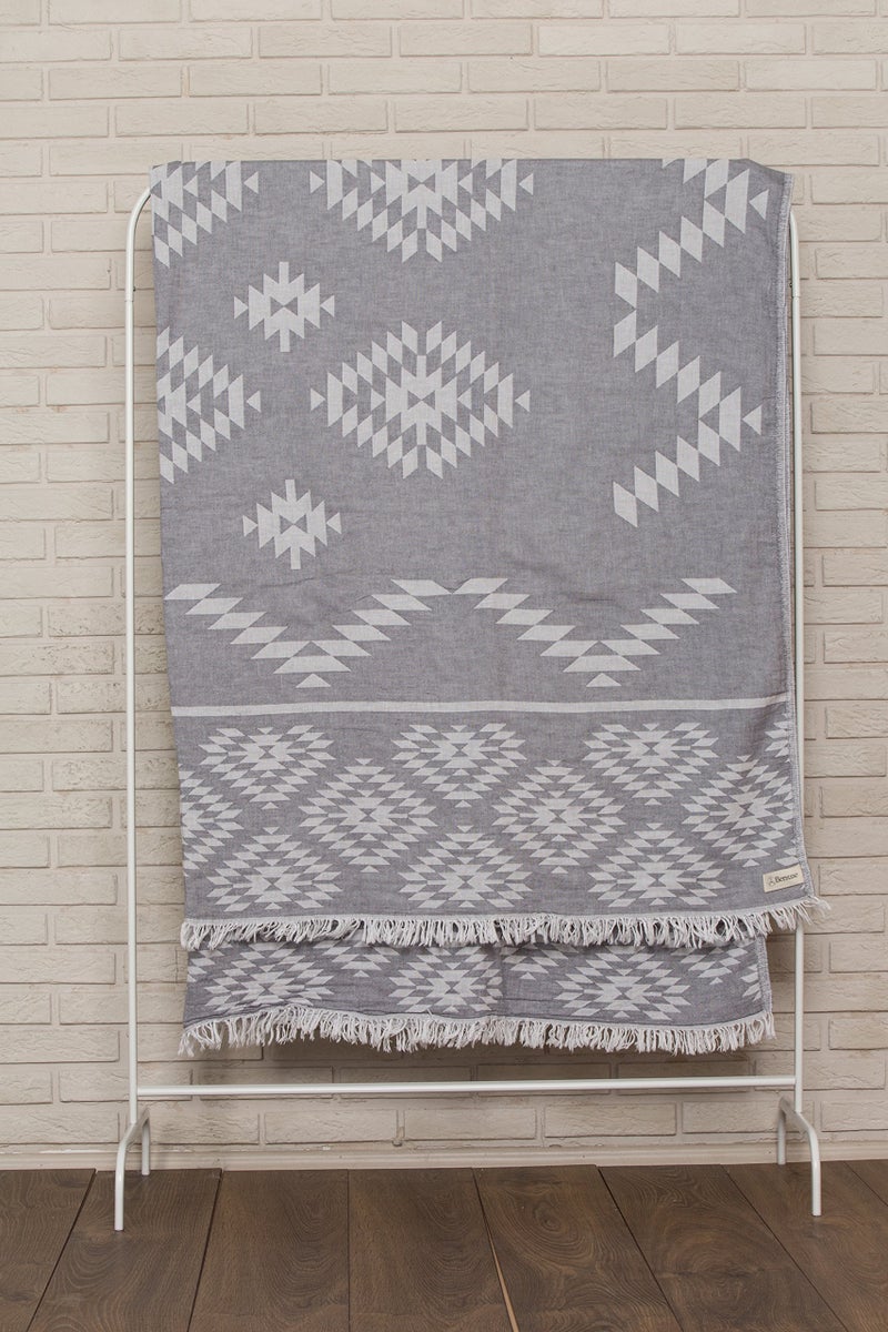 Bersuse 100% Cotton Teotihuacan XL Throw Blanket Turkish Towel Beach Blanket - Beach Camping Essentials - 75x90 Inches, Silver Grey - Image 2